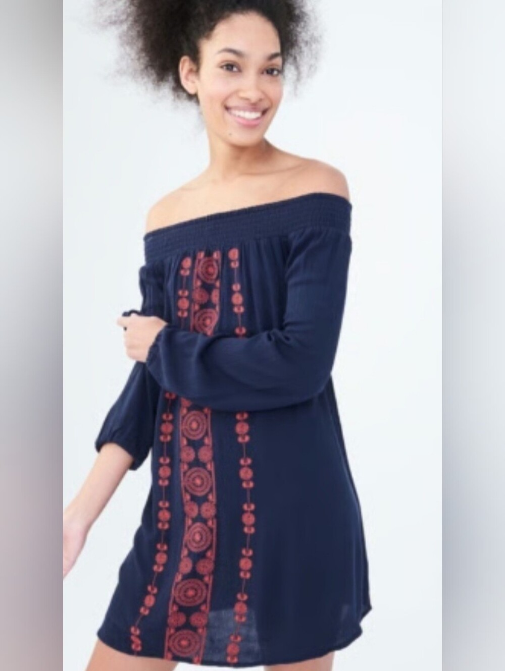 Aeropostale Blue & Red Embroidered Off-The-Shoulder Long-Slv Shift Dress Sz Sm